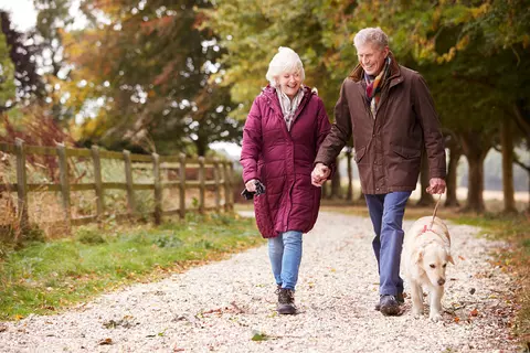 Een oudere man en vrouw wandelen met de hond aan de leiband